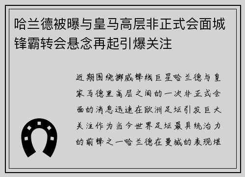 哈兰德被曝与皇马高层非正式会面城锋霸转会悬念再起引爆关注 哈兰德被曝与皇马高层非正式会面城锋霸转会悬念再起引爆关注
